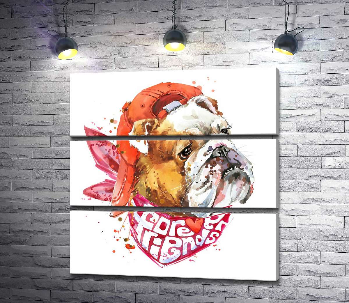 

Модульная картина ArtPoster Английский бульдог в красной кепке и платке с надписью "forever friends" 130x132 см Модуль №13