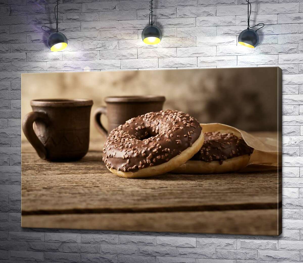 

Картина ArtPoster Шоколадные донатсы к кофе в глиняных чашках 100x67 см Модуль №1