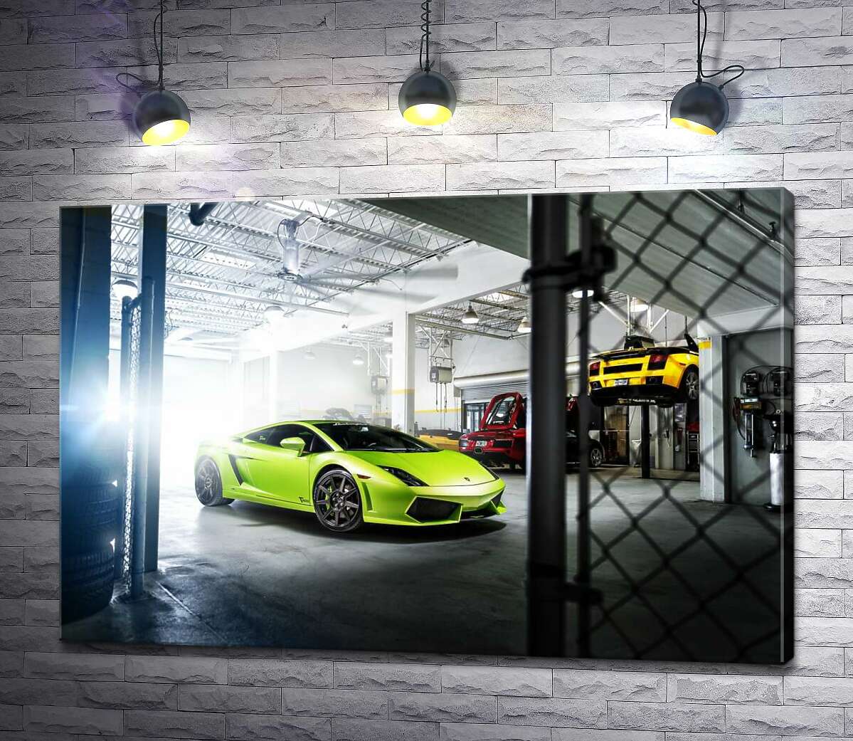 

Картина ArtPoster Яркий зеленый Ламборгини (Lamborghini Gallardo) стоит в тени гаража 130x87 см Модуль №1