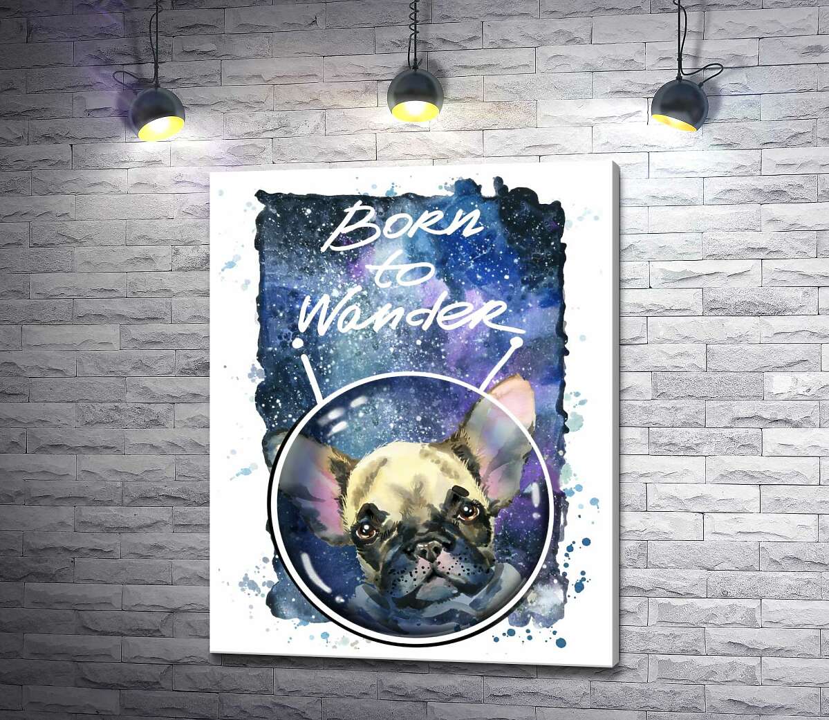 

Картина ArtPoster Ушастый бульдог среди космоса с надписью "born to wander" 130x166 см Модуль №1