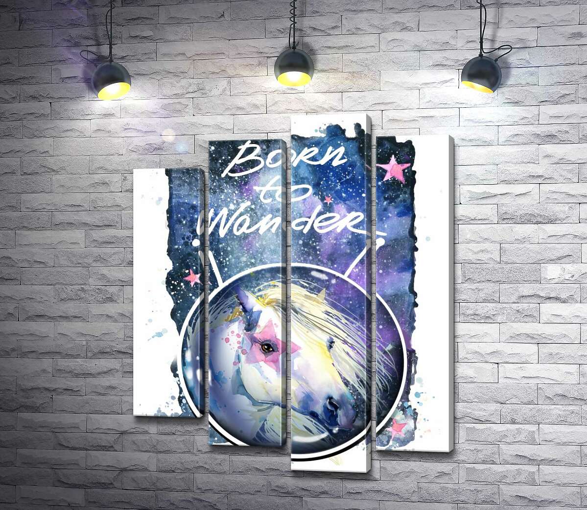

Модульная картина ArtPoster Белая лошадь с розовой звездой на глазу под надписью "born to wander" 132x168 см Модуль №21