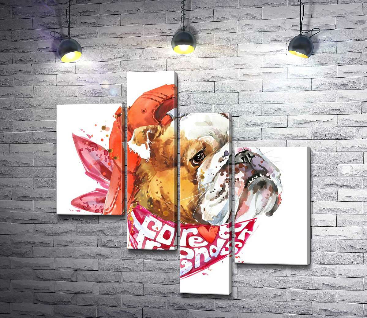 

Модульная картина ArtPoster Английский бульдог в красной кепке и платке с надписью "forever friends" 100x100 см Модуль №20