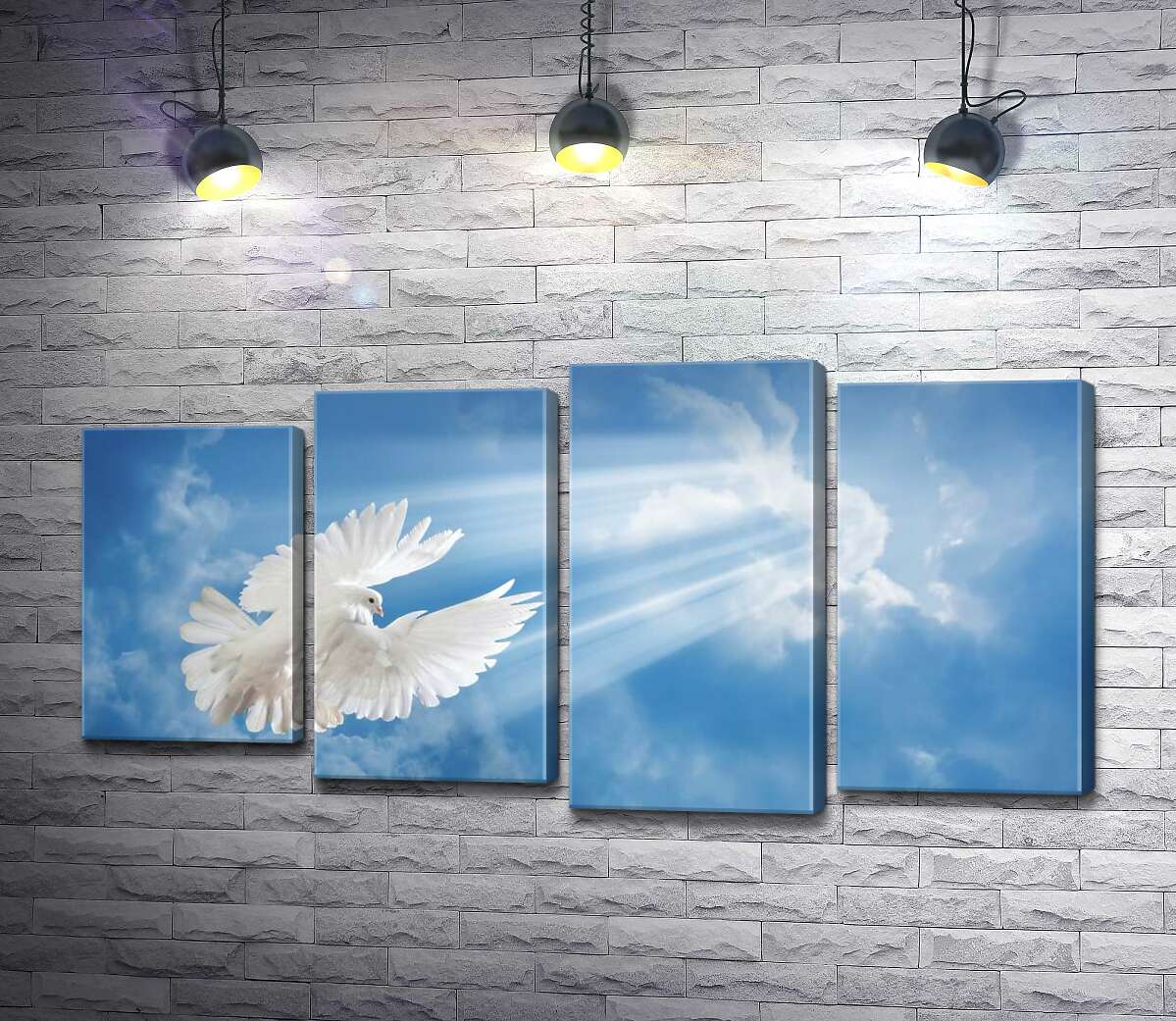 

Модульная картина ArtPoster Белокрылый голубь в лучах солнца поднимается в небо 132x69 см Модуль №21