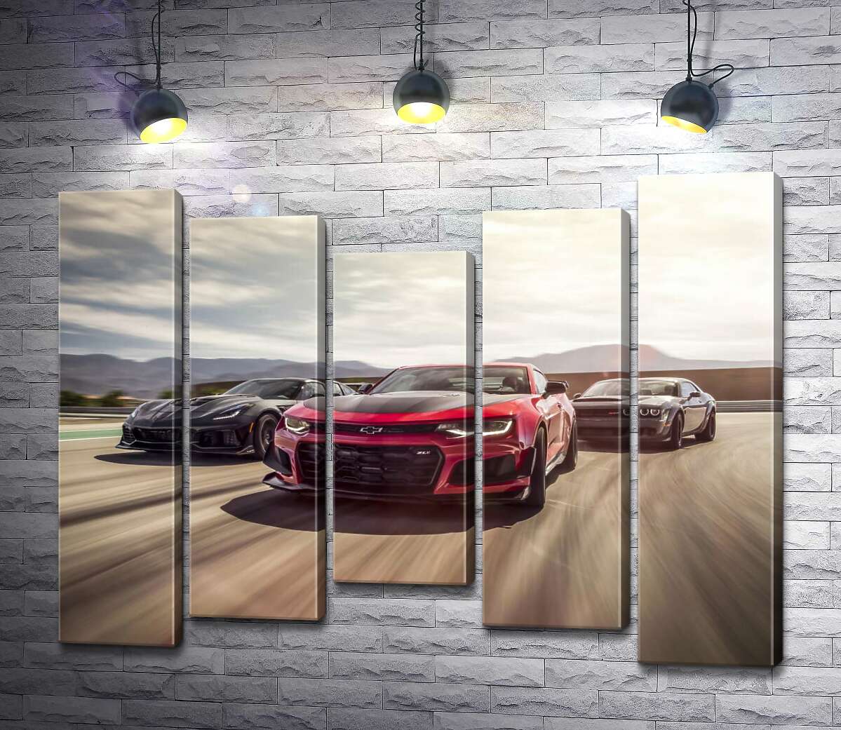 

Модульная картина ArtPoster Chevrolet Camaro ZL1 едет во главе спортивных автомобилей 130x100 см Модуль №28