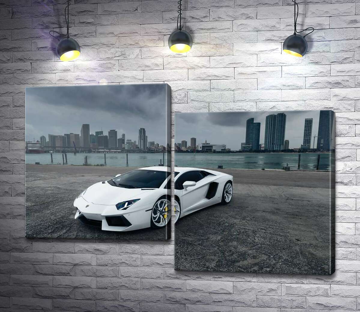 

Модульная картина ArtPoster Белоснежный автомобиль Ламборгини на фоне предгрозового мегаполиса 130x88 см Модуль №5