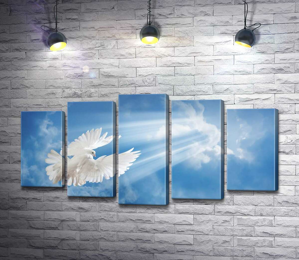 

Модульная картина ArtPoster Белокрылый голубь в лучах солнца поднимается в небо 100x53 см Модуль №26