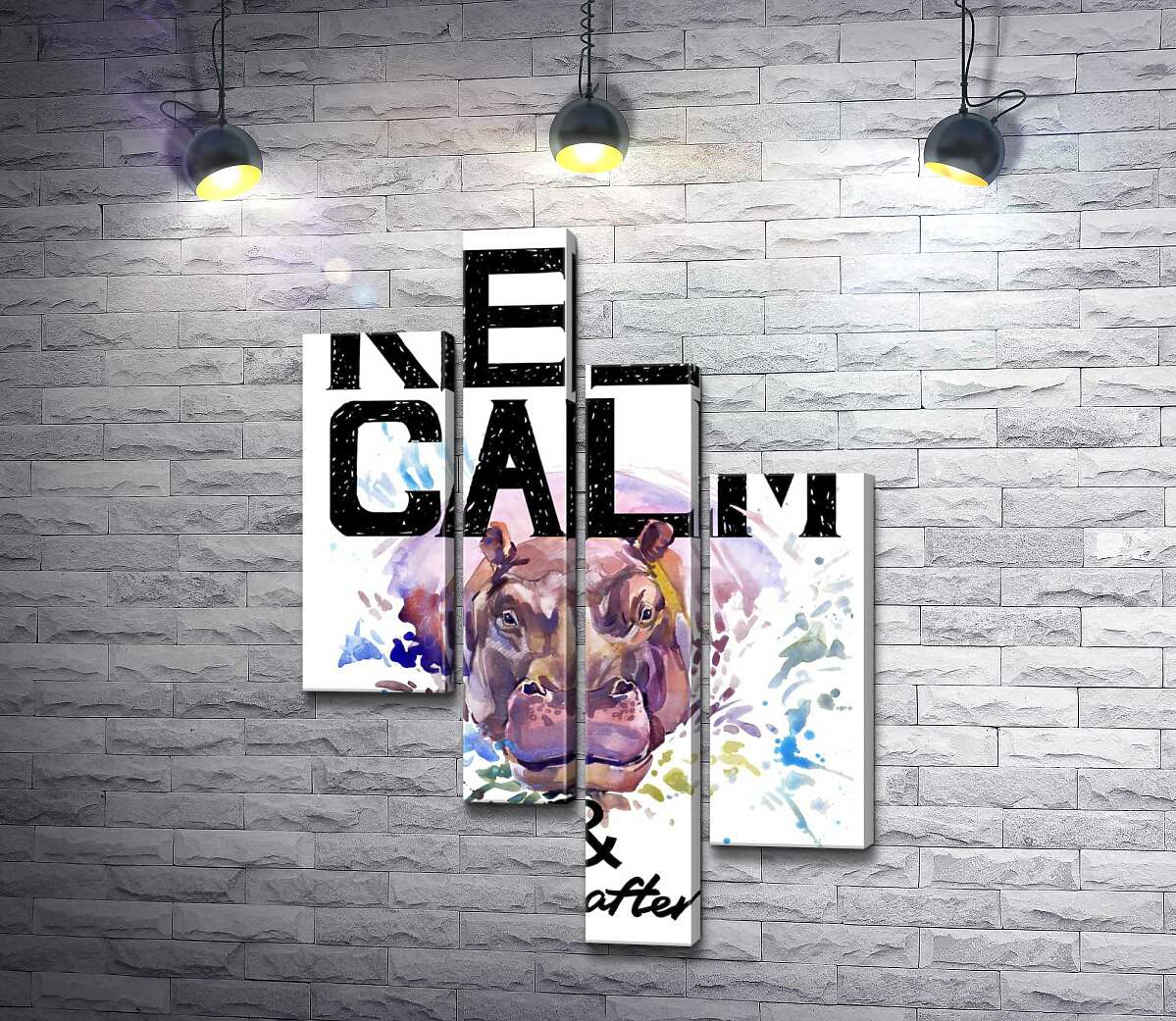 

Модульная картина ArtPoster Бегемот выглядывает из воды между надписью "keep calm and don't eat after 6 p.m." 130x191 см Модуль №20