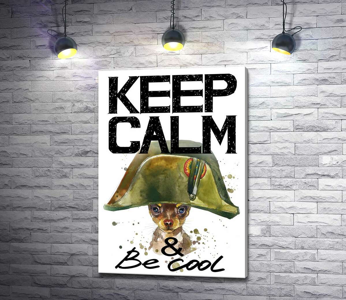

Картина ArtPoster Чихуахуа в шапке Наполеона среди надписи "keep calm and be cool" 130x190 см Модуль №1