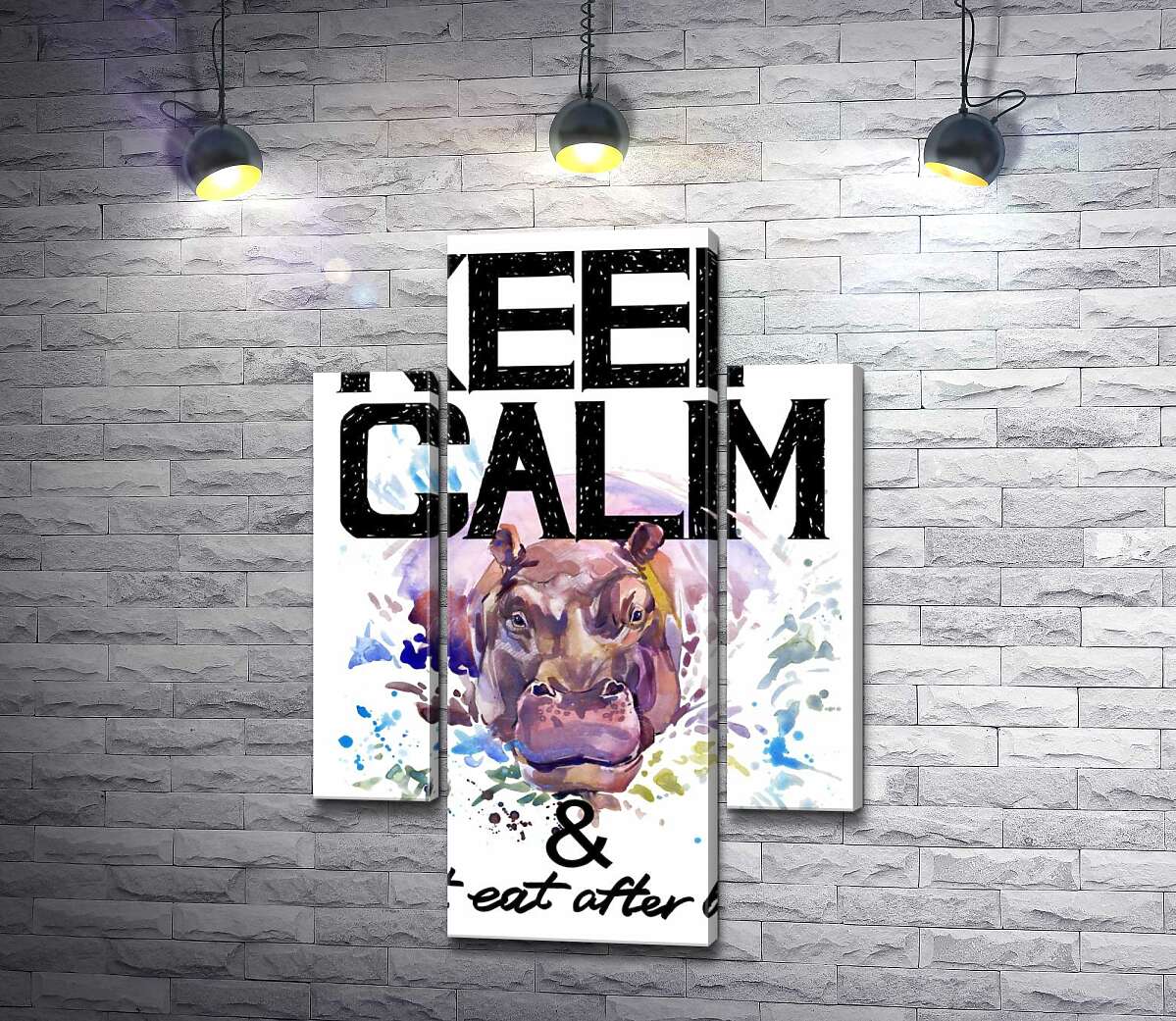 

Модульная картина ArtPoster Бегемот выглядывает из воды между надписью "keep calm and don't eat after 6 p.m." 131x190 см Модуль №7