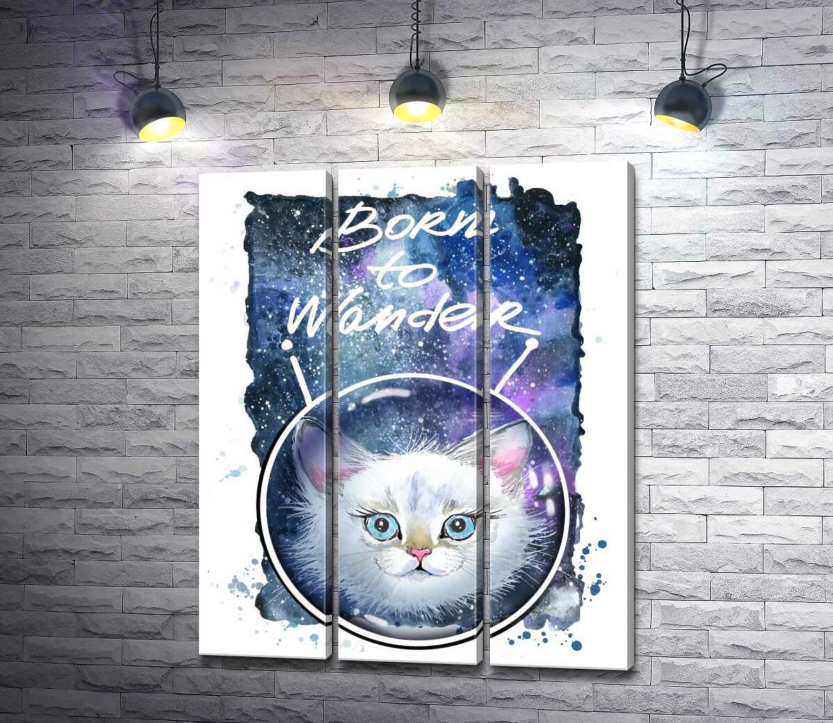 

Модульная картина ArtPoster Белая кошечка в космическом шлеме под надписью "born to wander" 132x166 см Модуль №11