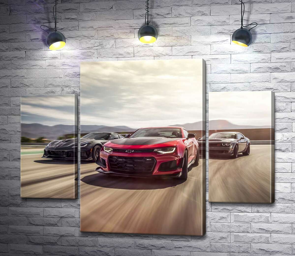 

Модульная картина ArtPoster Chevrolet Camaro ZL1 едет во главе спортивных автомобилей 131x100 см Модуль №7