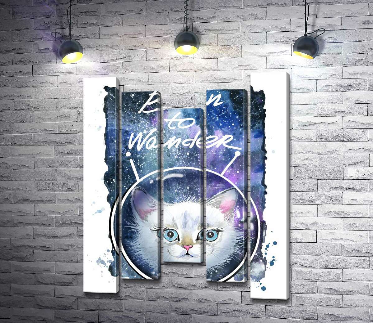 

Модульная картина ArtPoster Белая кошечка в космическом шлеме под надписью "born to wander" 100x130 см Модуль №28