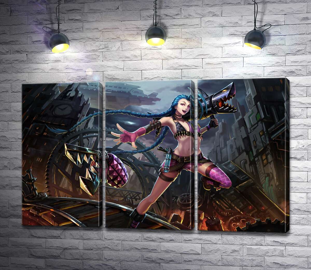 

Модульная картина ArtPoster Героиня игры League of Legends, хулиганка Джинкс, на фоне разрушенного города 102x63 см Модуль №11