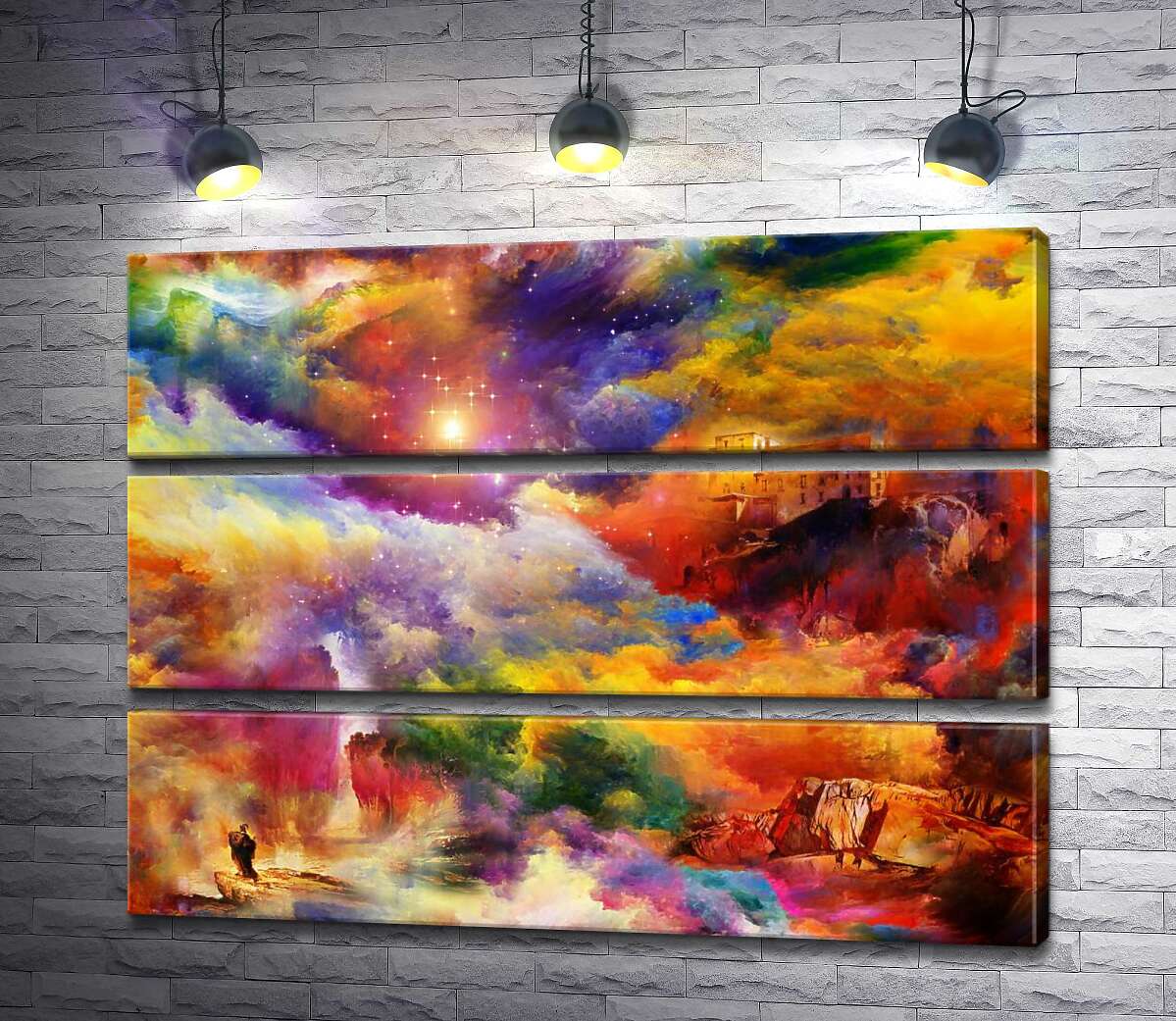 

Модульная картина ArtPoster Дом над обрывом и скалистый водопад спрятались в мареве радужных облаков 80x60 см Модуль №13