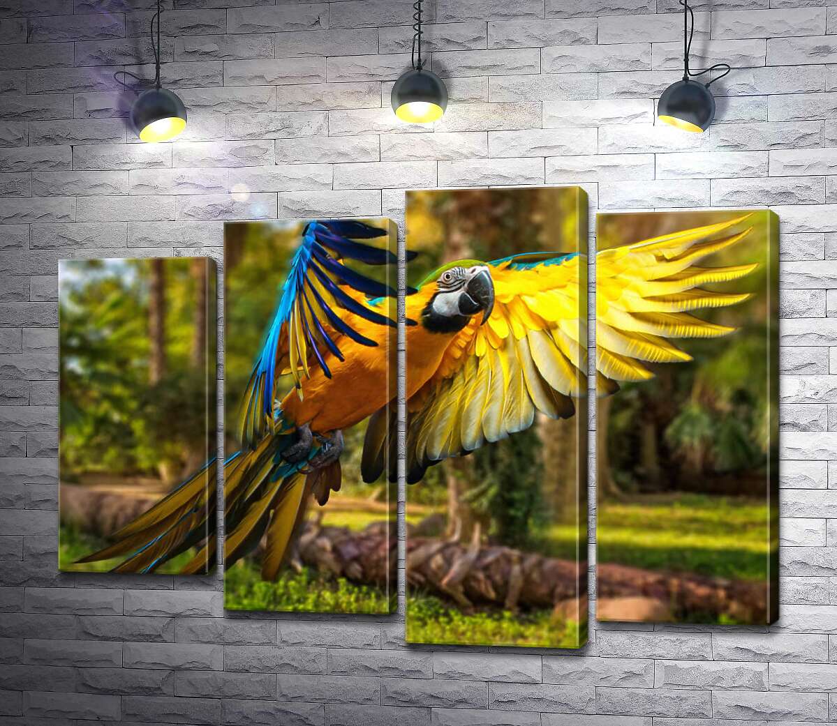 

Модульная картина ArtPoster Голубо-желтый попугай ара расправляет крылья в полете 132x96 см Модуль №21