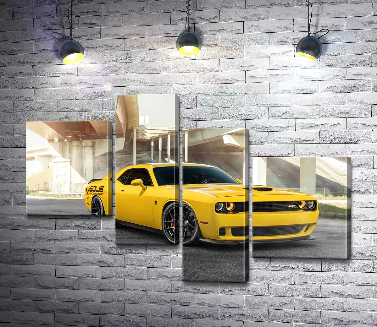 

Модульная картина ArtPoster Желтый автомобиль Dodge Challenger Hellcat остановился под мостом 130x89 см Модуль №20