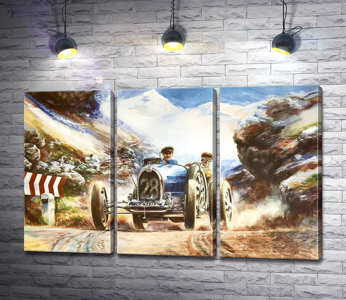 

Модульная картина ArtPoster Гоночный автомобиль Bugatti Type 35 на трассе среди заснеженных Альп 132x82 см Модуль №11