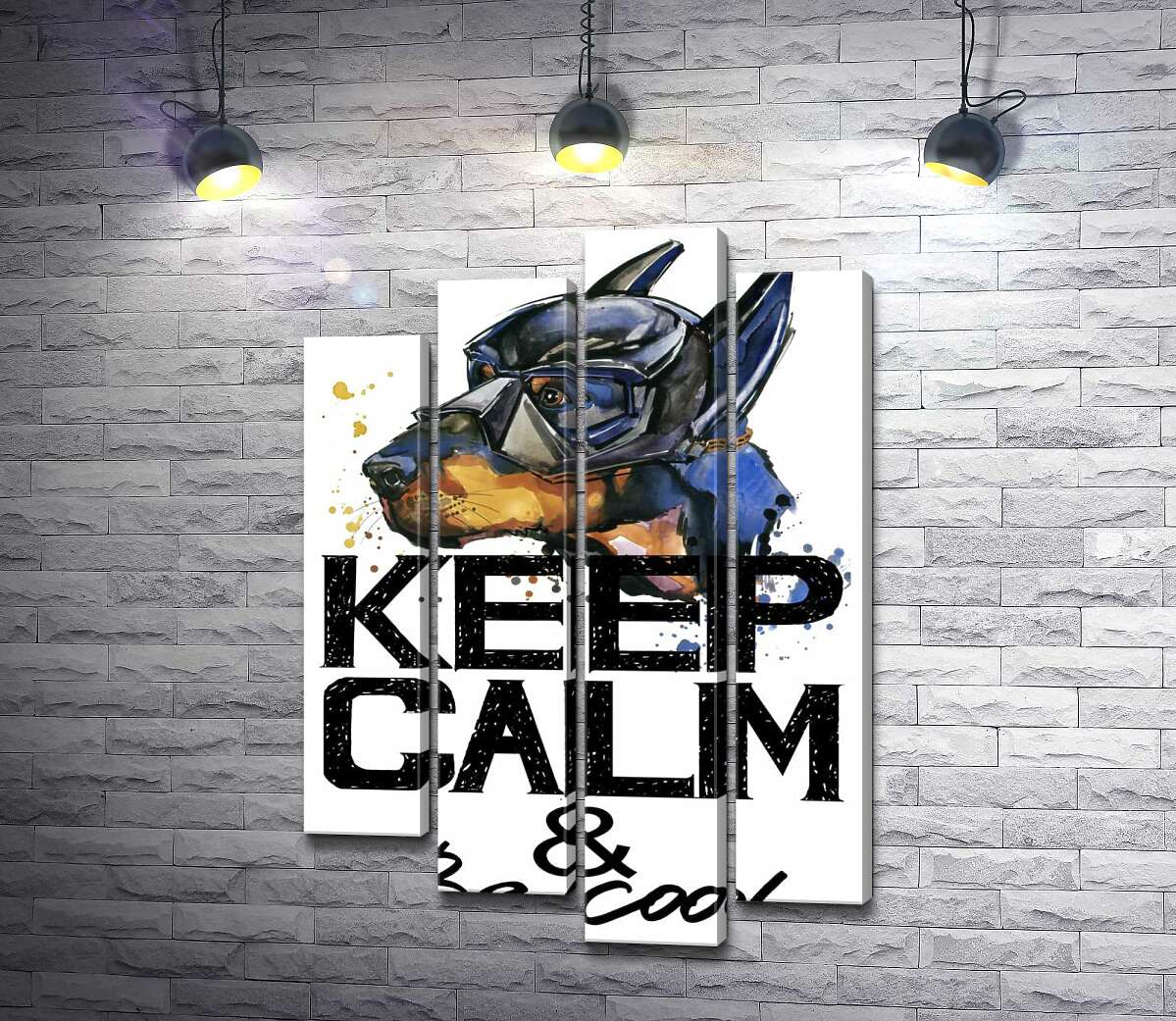 

Модульная картина ArtPoster Доберман в маске Бэтмена среди надписи "keep calm and be cool" 80x118 см Модуль №21