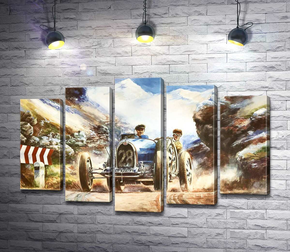 

Модульная картина ArtPoster Гоночный автомобиль Bugatti Type 35 на трассе среди заснеженных Альп 130x84 см Модуль №26