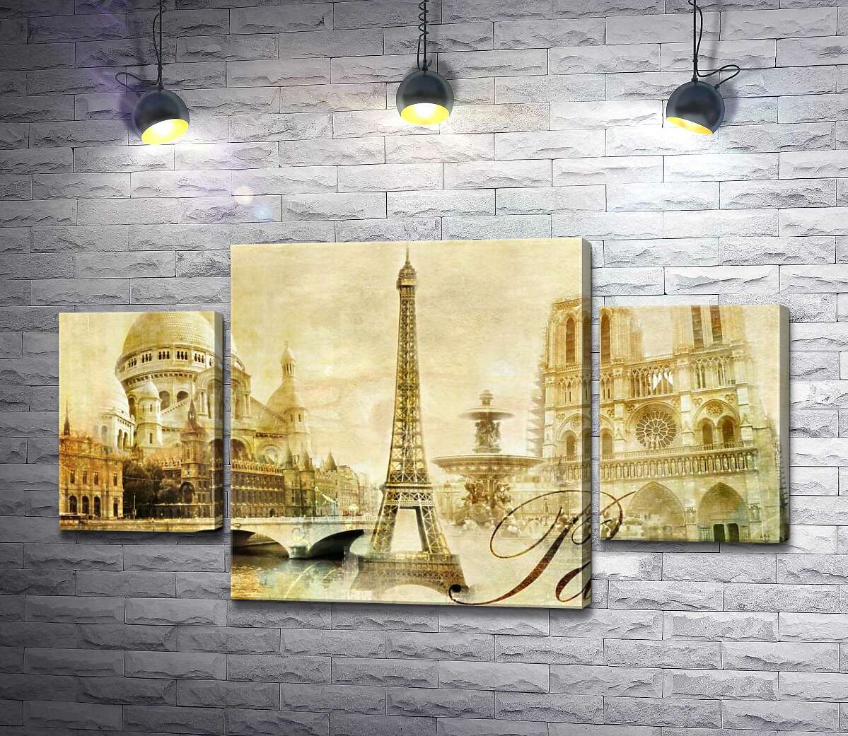 

Модульная картина ArtPoster Главные здания Парижа: Эйфелева башня (Eiffel tower), Нотр-Дам-де-Пари (Notre dame de Paris) и базилика Сакре-Кер (Basilique du Sacre Cœur) 131x74 см Модуль №7