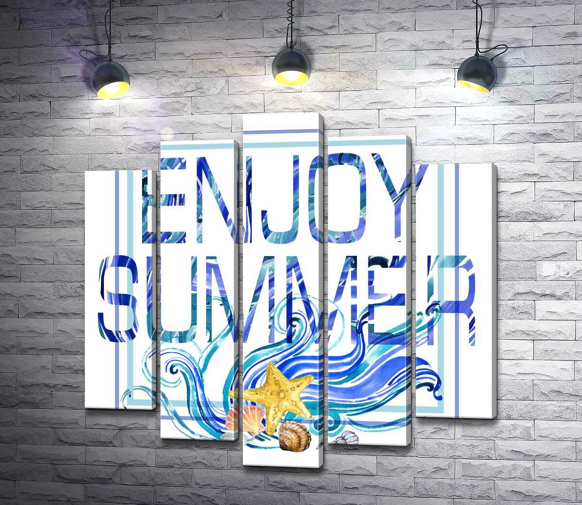 

Модульная картина ArtPoster Голубая рамка с морскими волнами и ракушками окружила надпись "enjoy summer" 130x132 см Модуль №26