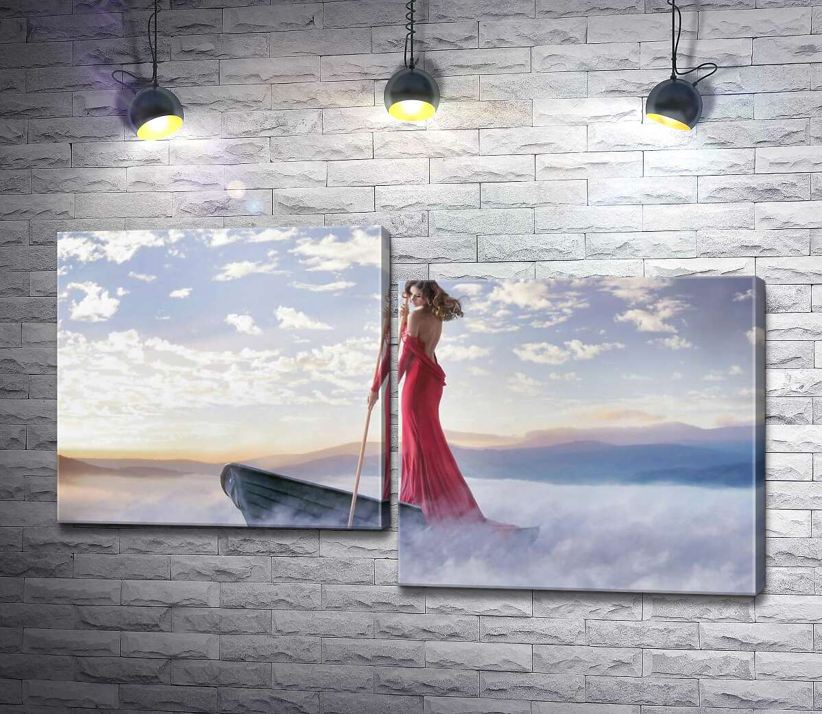 

Модульная картина ArtPoster Девушка в соблазнительном платье плывет туманным озером на лодке 100x58 см Модуль №5