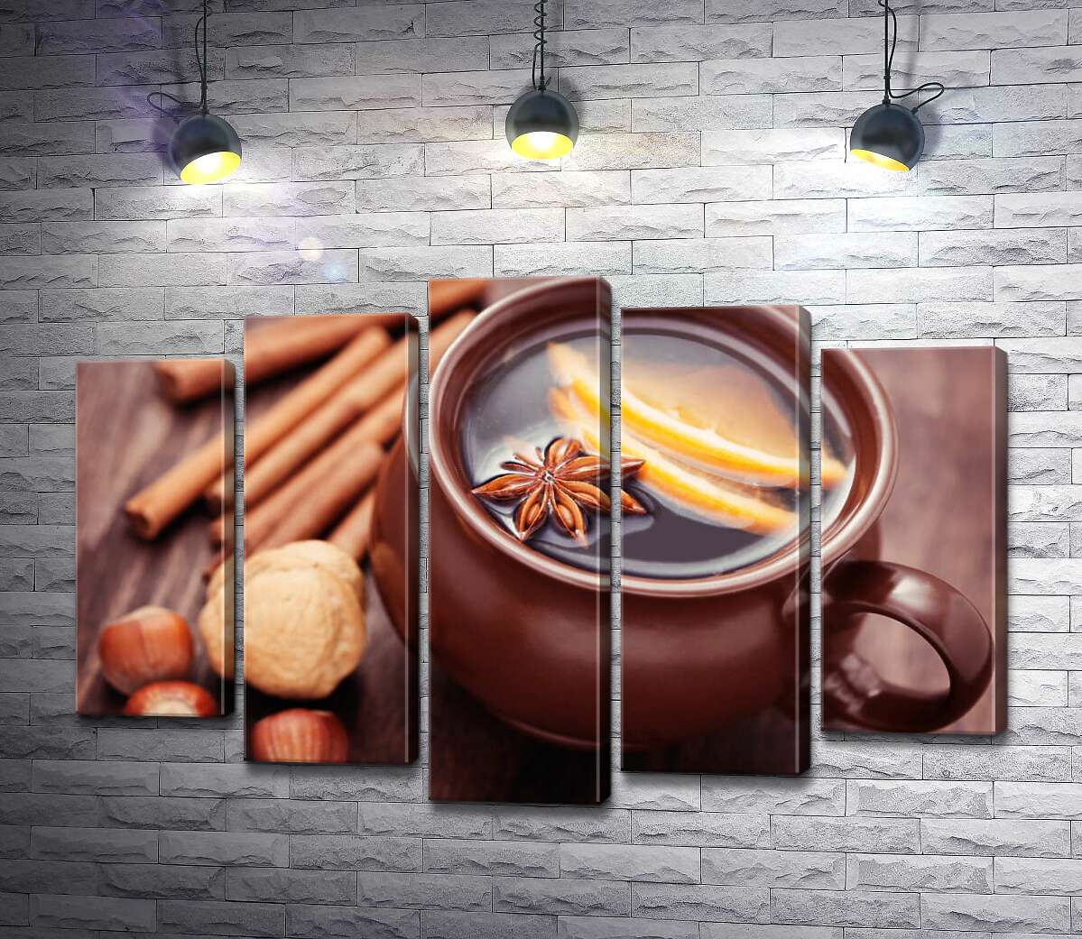 

Модульная картина ArtPoster Глиняная чашка с глинтвейном, цитрусами и бадьяном рядом с корицей, мускатным и лесными орехами 130x88 см Модуль №26