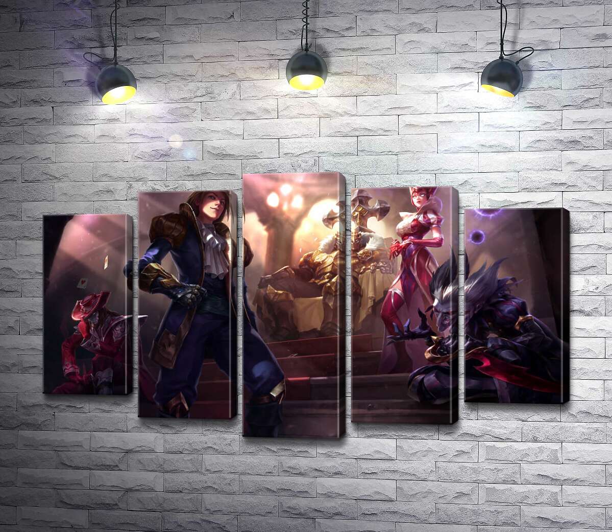 

Модульная картина ArtPoster Герои видеоигры League of legends: шут Шако , ведьма Синдра , исследователь Эзреаль , железный призрак Мордекайзер , мастер карт Твистед Фейт (Twisted Fate) 130x80 см Модуль №26