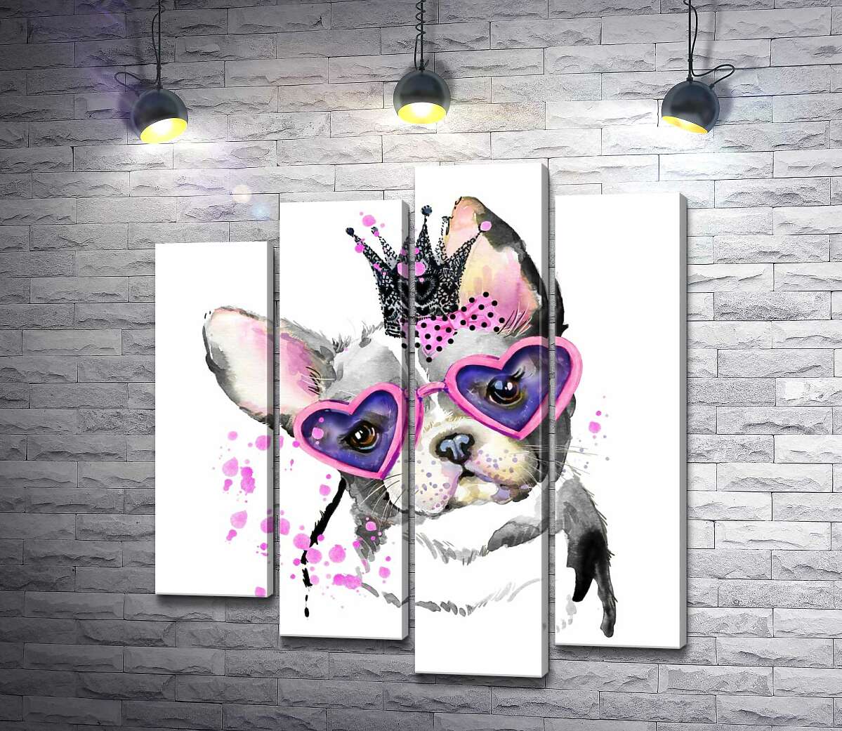 

Модульная картина ArtPoster Гламурный французский бульдог с розовым бантом, короной и в очках 132x144 см Модуль №21