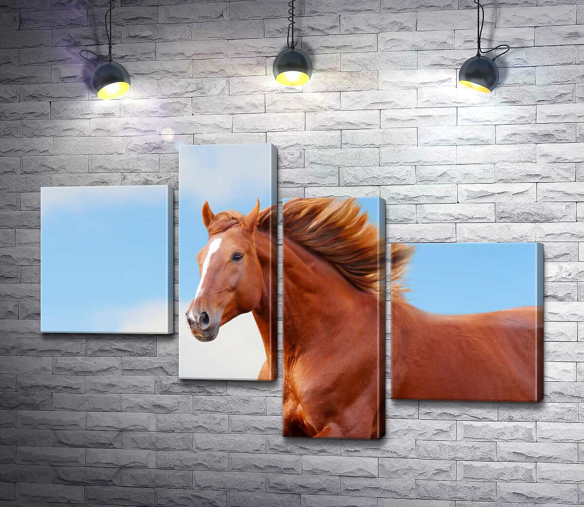 

Модульная картина ArtPoster Гнедой конь с белой меткой на голове скачет галопом 130x89 см Модуль №20