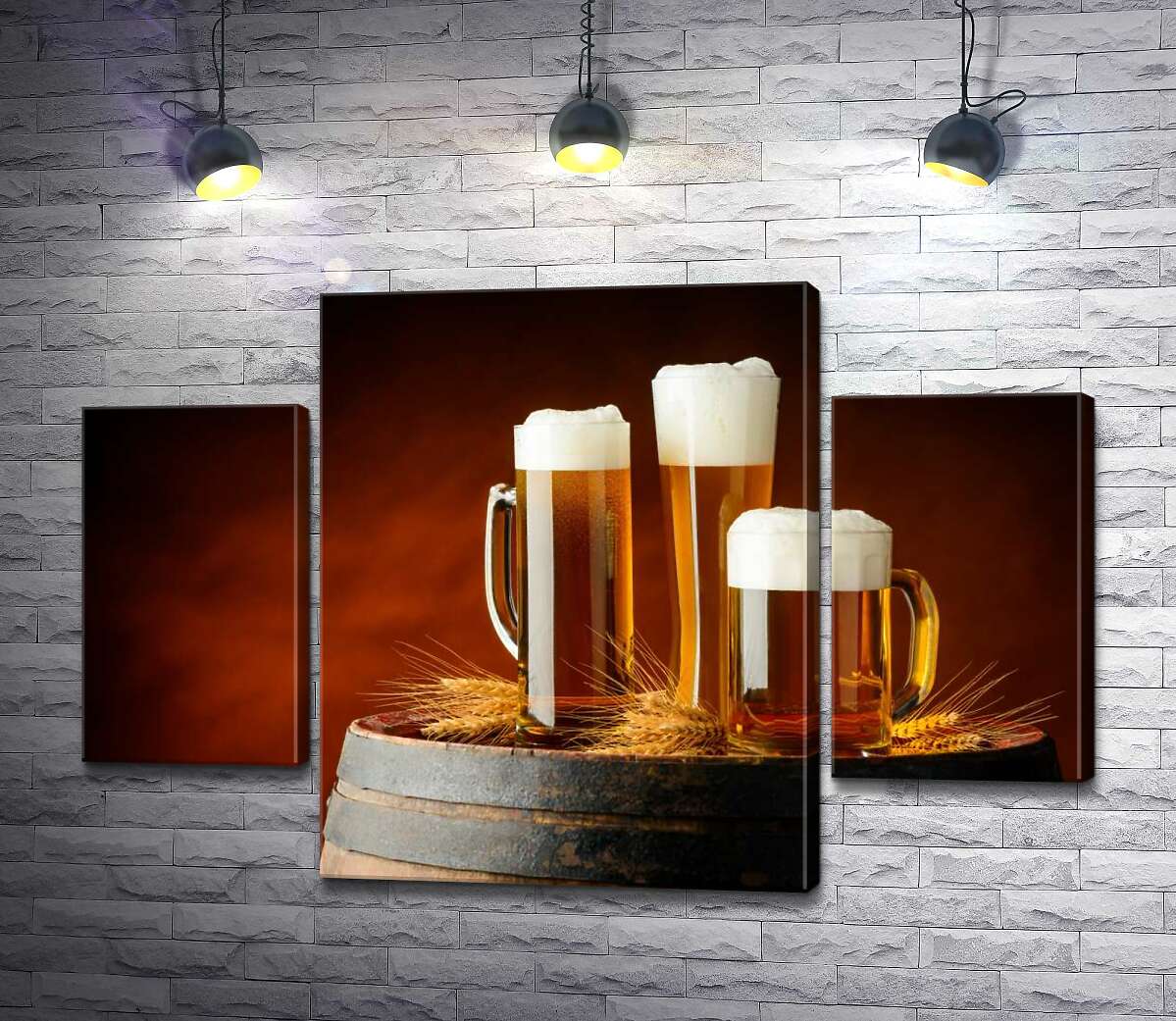 

Модульная картина ArtPoster Желтое пиво пенится в бокалах на деревянной бочке 80x54 см Модуль №7