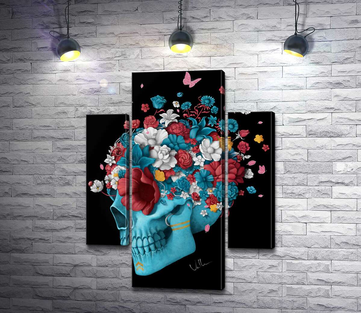 

Модульная картина ArtPoster Голубой профиль черепа, украшен разноцветными цветами 131x170 см Модуль №7