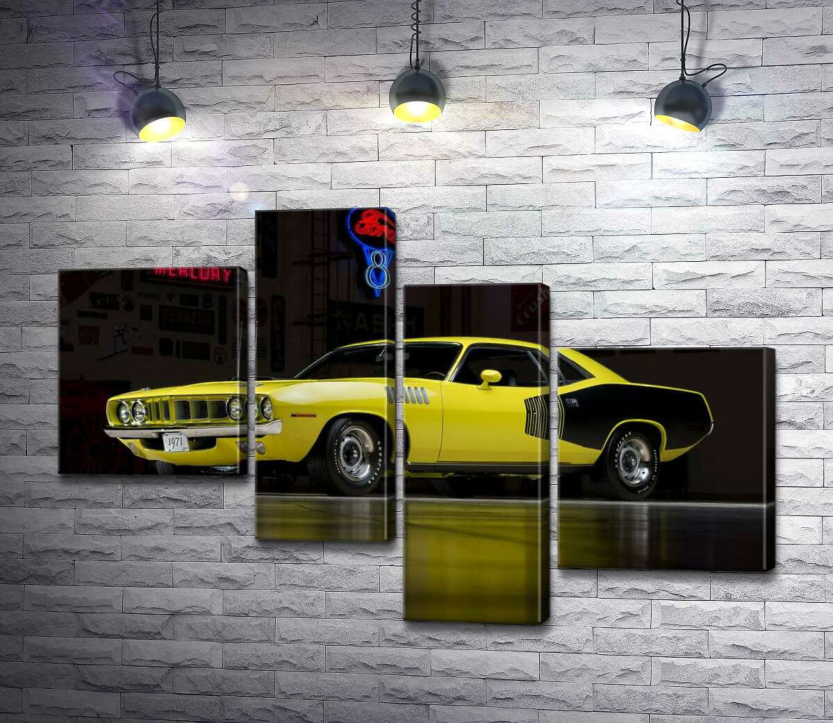 

Модульная картина ArtPoster Желтый спортивный автомобиль Plymouth Barracuda, родом из 70-х 130x89 см Модуль №20