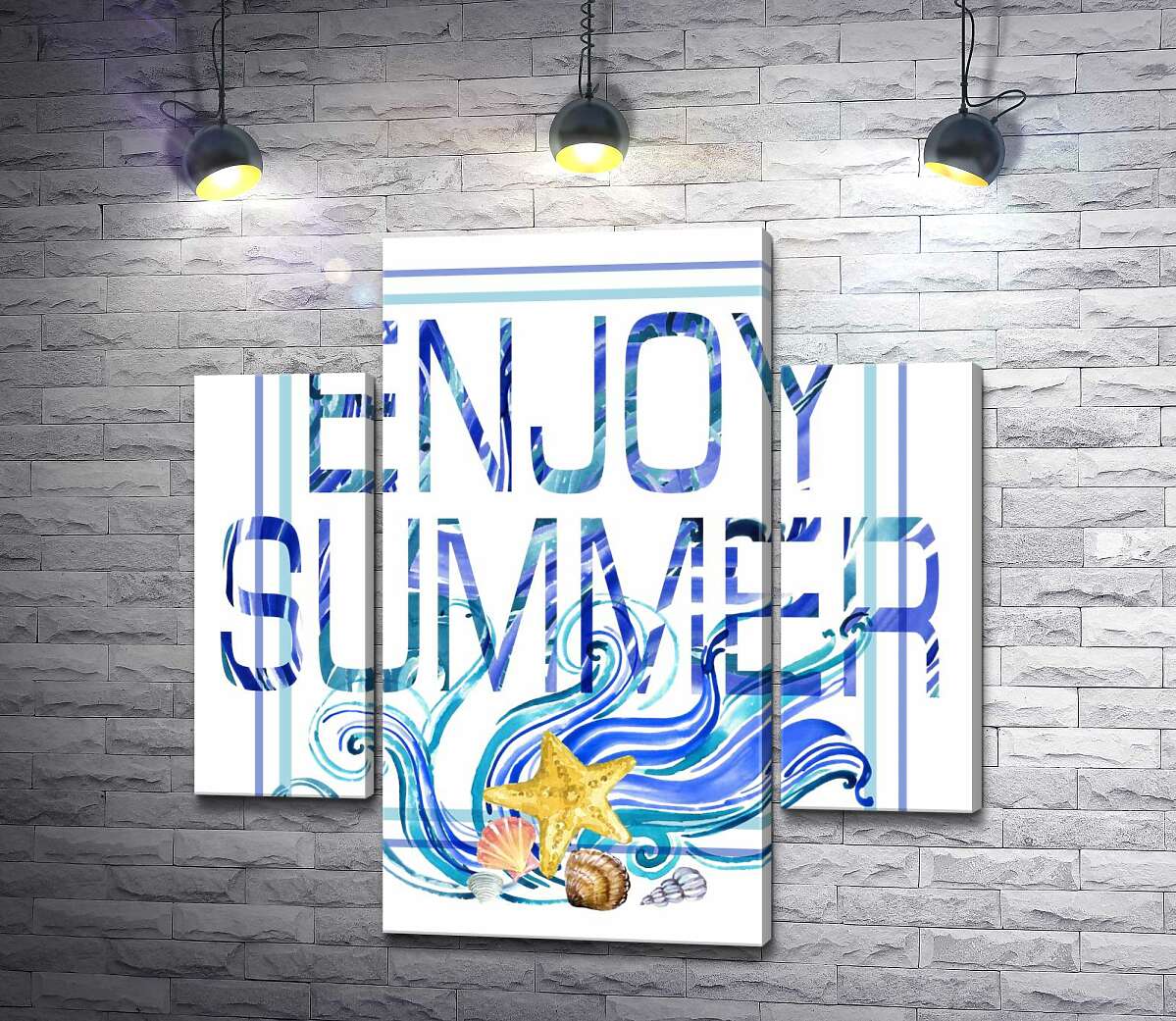 

Модульная картина ArtPoster Голубая рамка с морскими волнами и ракушками окружила надпись "enjoy summer" 80x80 см Модуль №7