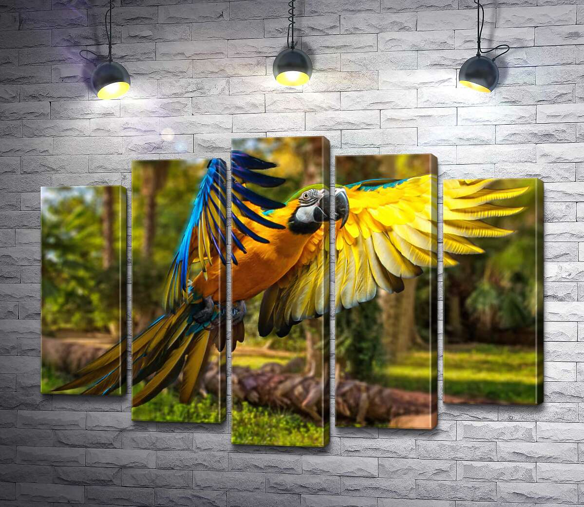 

Модульная картина ArtPoster Голубо-желтый попугай ара расправляет крылья в полете 100x73 см Модуль №26