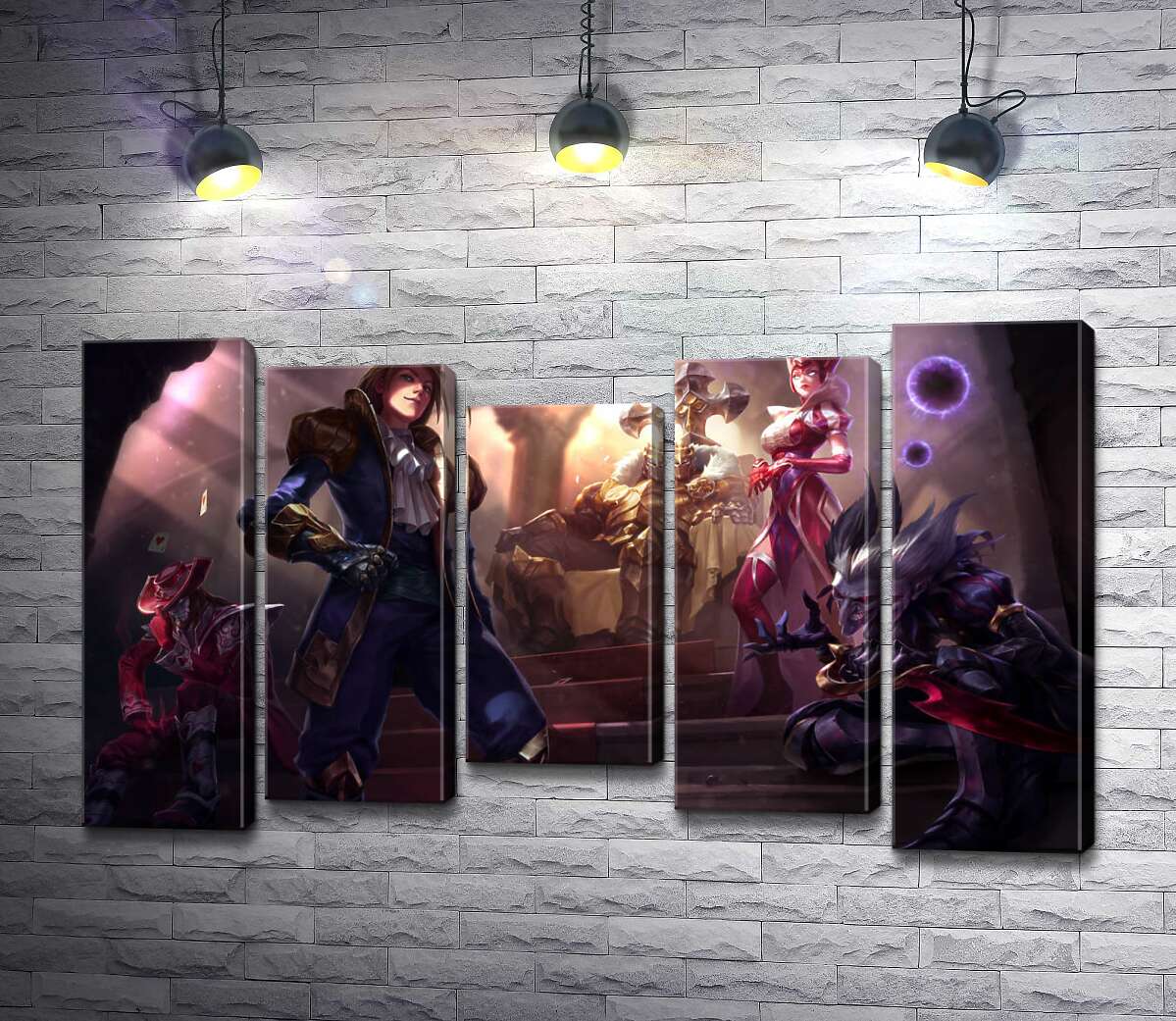 

Модульная картина ArtPoster Герои видеоигры League of legends: шут Шако , ведьма Синдра , исследователь Эзреаль , железный призрак Мордекайзер , мастер карт Твистед Фейт (Twisted Fate) 130x80 см Модуль №28