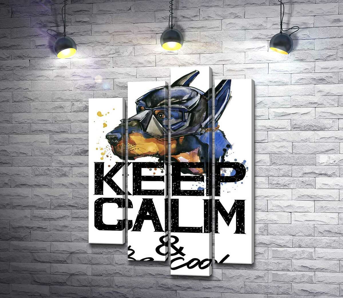 

Модульная картина ArtPoster Доберман в маске Бэтмена среди надписи "keep calm and be cool" 100x147 см Модуль №21