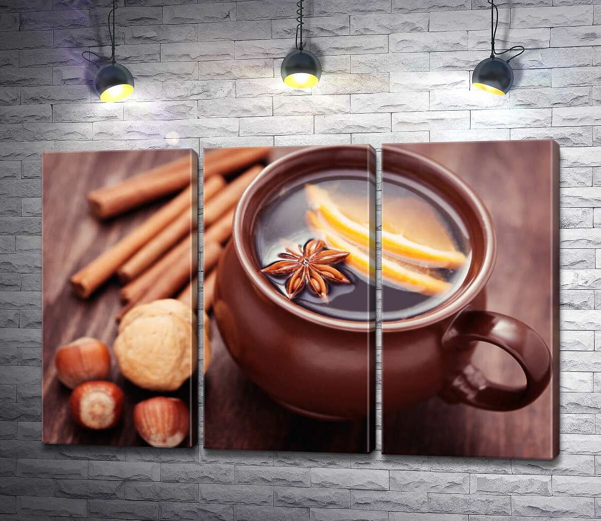 

Модульная картина ArtPoster Глиняная чашка с глинтвейном, цитрусами и бадьяном рядом с корицей, мускатным и лесными орехами 132x87 см Модуль №11