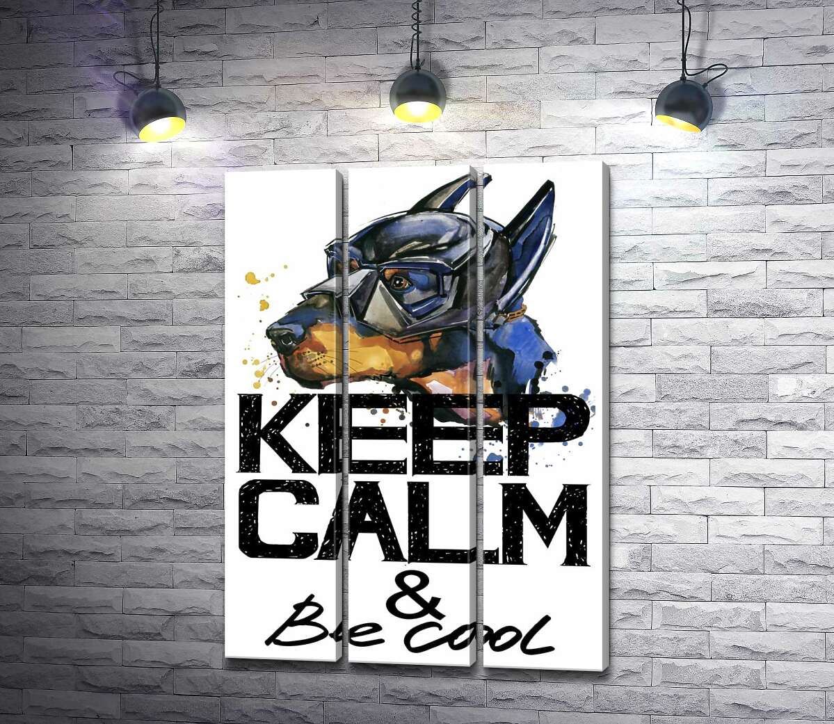 

Модульная картина ArtPoster Доберман в маске Бэтмена среди надписи "keep calm and be cool" 132x190 см Модуль №11
