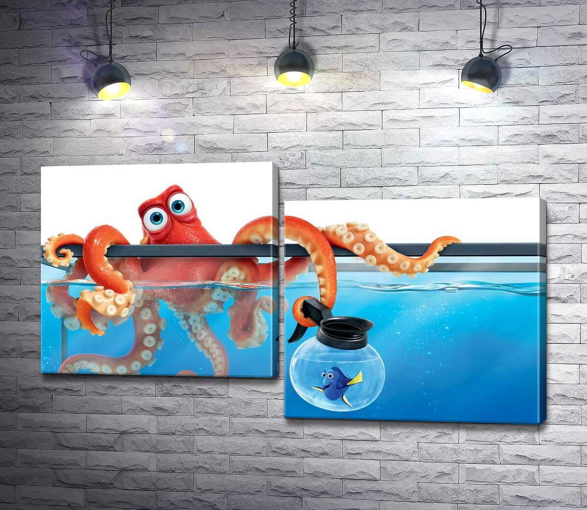 

Модульная картина ArtPoster Герои мультфильма "В поисках Дори" (Finding Dory) осьминог Хэнк и рыба Дори в аквариумах 130x74 см Модуль №5