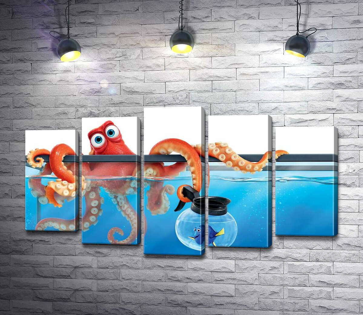 

Модульная картина ArtPoster Герои мультфильма "В поисках Дори" (Finding Dory) осьминог Хэнк и рыба Дори в аквариумах 130x74 см Модуль №26