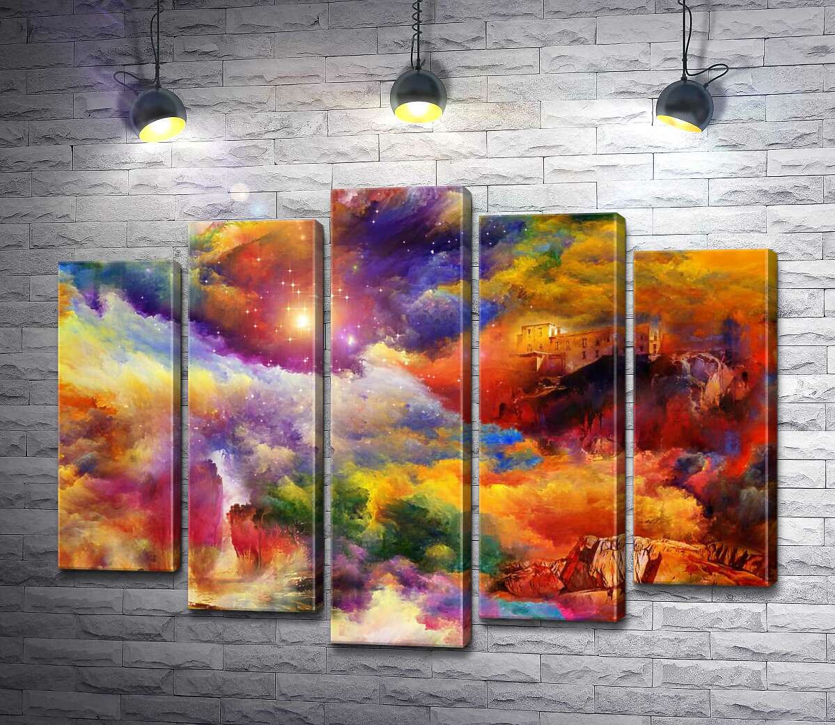 

Модульная картина ArtPoster Дом над обрывом и скалистый водопад спрятались в мареве радужных облаков 100x75 см Модуль №26