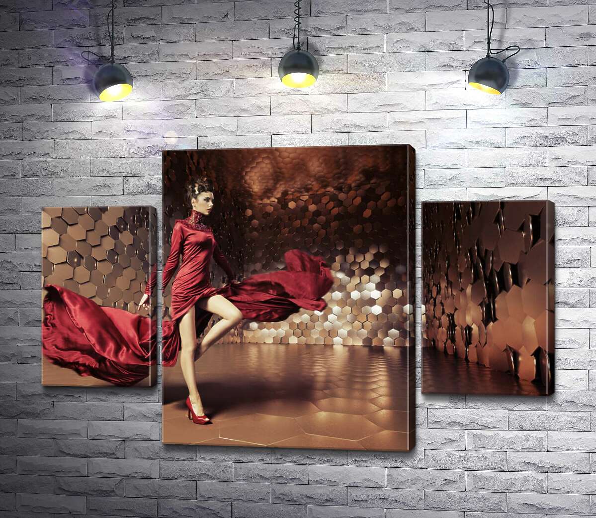 

Модульная картина ArtPoster Гранатовая насыщенность волн платья девушки 131x88 см Модуль №7