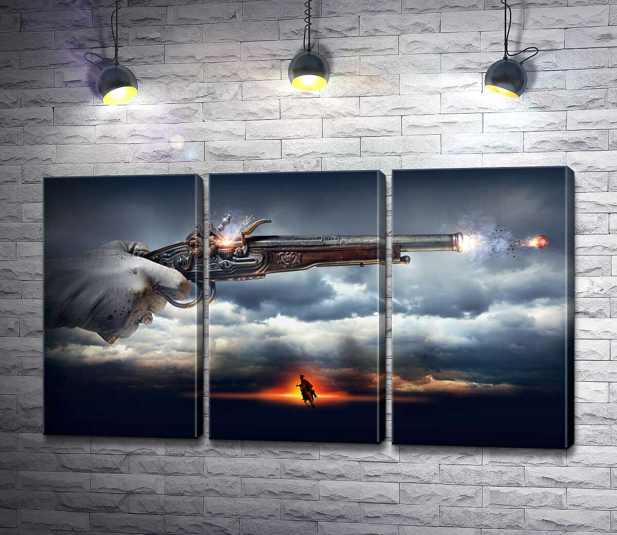 

Модульная картина ArtPoster Кавалер стреляет из пистолета на фоне грозовых облаков 60x35 см Модуль №11