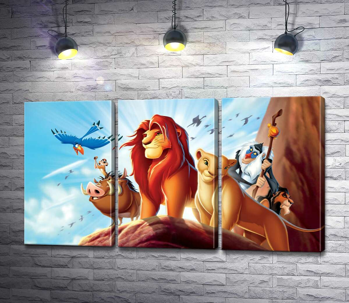 

Модульная картина ArtPoster Животные – герои мультфильма "Король Лев" (The Lion King) стоят на краю скалы во главе с Симбой 60x34 см Модуль №11