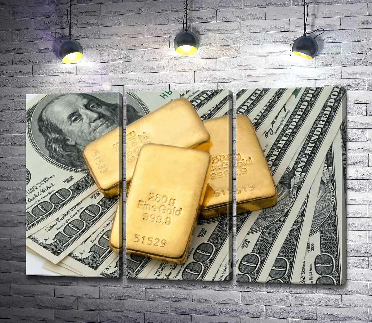 

Модульная картина ArtPoster Золотые слитки сверкают на долларовых купюрах 102x67 см Модуль №11