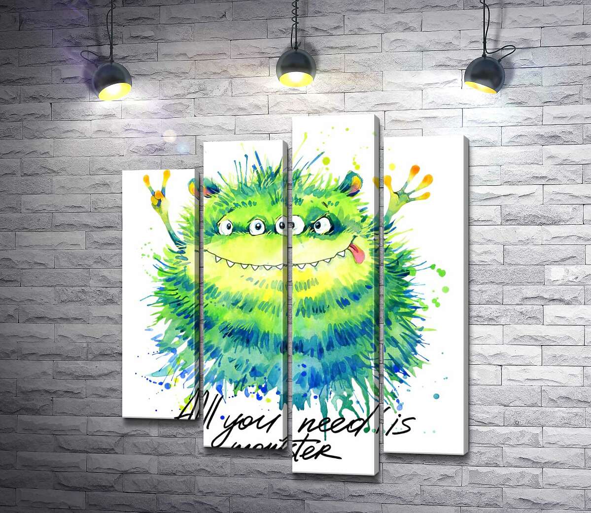 

Модульная картина ArtPoster Зеленый четырехглазый монстр с надписью "all you need is monster" 100x119 см Модуль №21