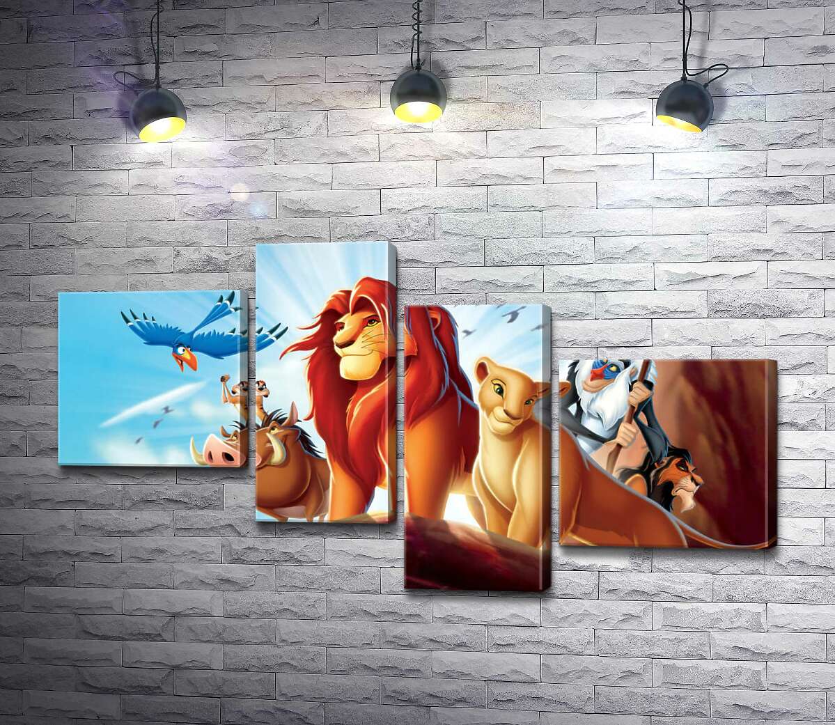 

Модульная картина ArtPoster Животные – герои мультфильма "Король Лев" (The Lion King) стоят на краю скалы во главе с Симбой 100x57 см Модуль №20