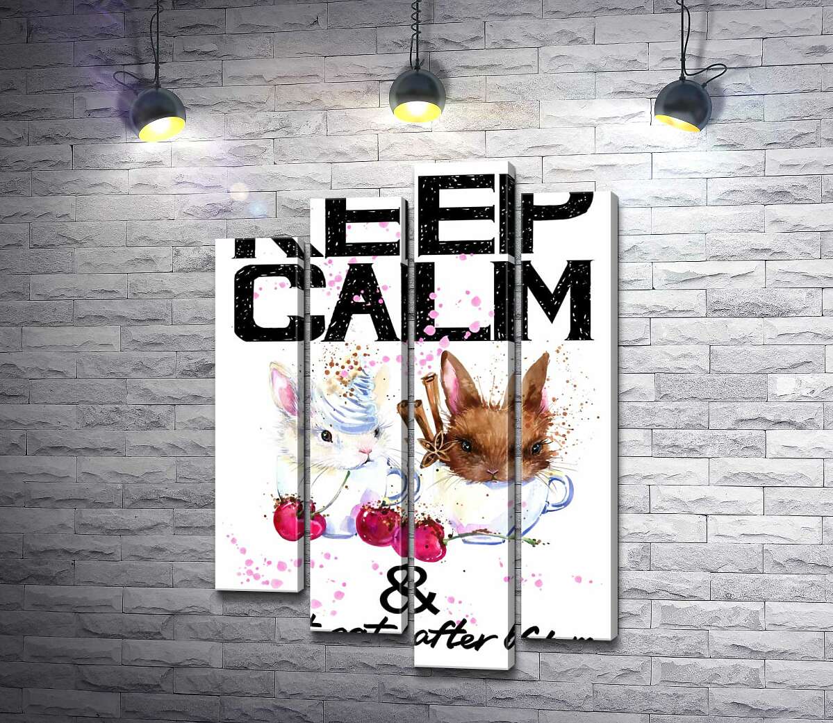 

Модульная картина ArtPoster Зайцы в чашках с кофе между надписью "keep calm and don't eat after 6 p.m." 100x147 см Модуль №21