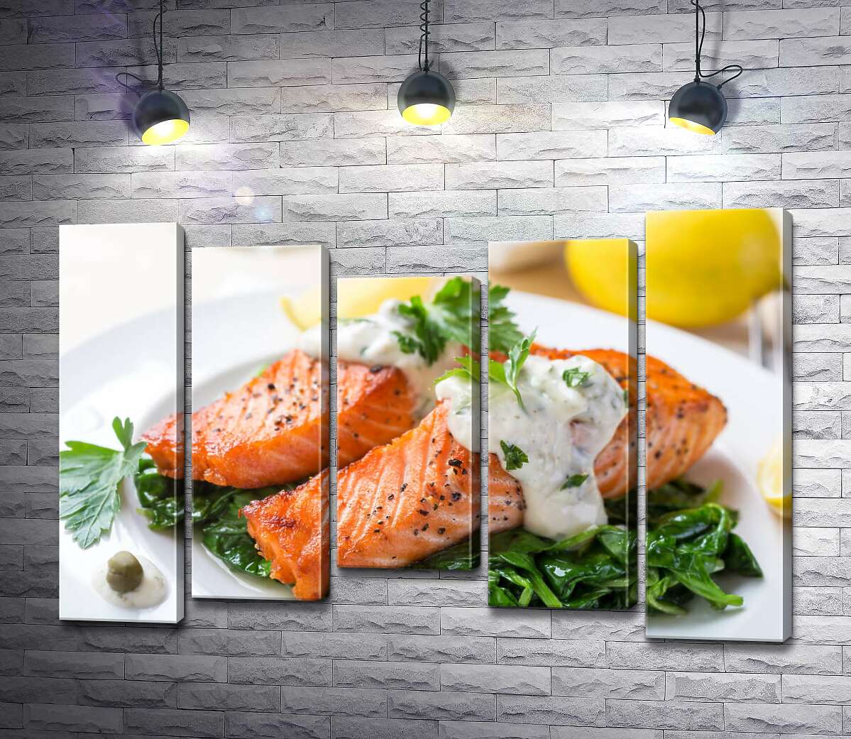 

Модульная картина ArtPoster Запеченный лосось на подушке из шпината под сливочным соусом 130x88 см Модуль №28